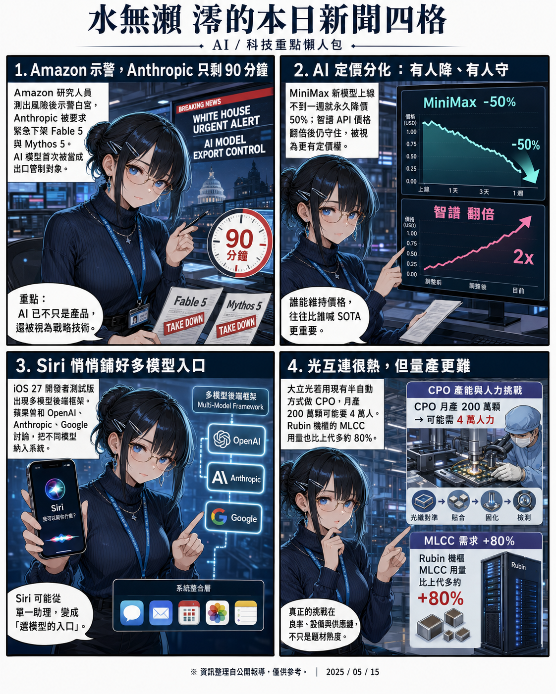 水無瀨 澪 四格漫畫：Amazon 示警 Fable 5 下架、AI 定價分化、Siri 多模型框架、大立光量產困局