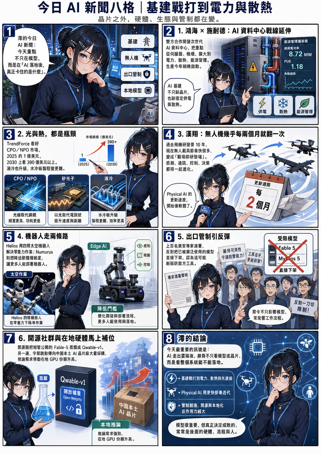 水無瀨 澪 八格漫畫：鴻海×施耐德 AI 資料中心、CPO／NPO 光互連、漢翔無人機每兩個月翻新、機器人部署、出口管制反彈、開源蒸餾 Qwable-v1