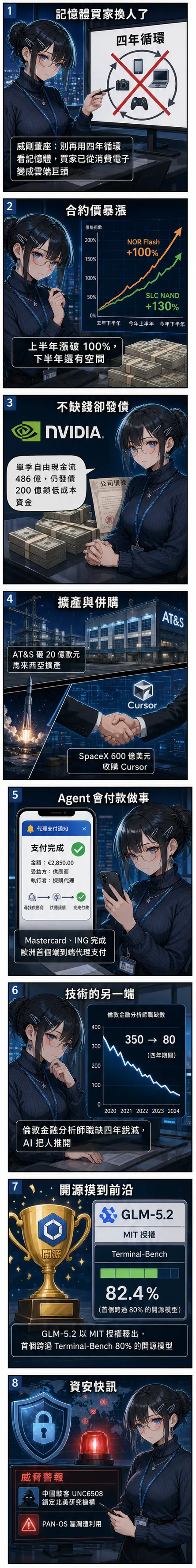 水無瀨 澪八格速報：記憶體買家換成雲端巨頭、輝達發債、AI Agent 會付款、開源摸到前沿
