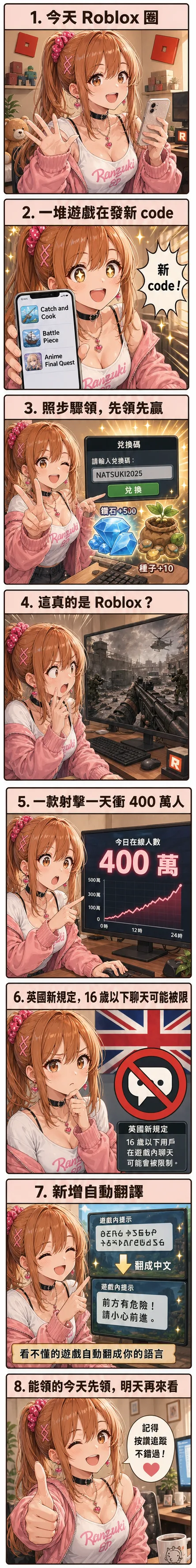 星野夏希八格速報：今天 Roblox 圈一堆遊戲發新 code、一款超寫實射擊一天衝 400 萬人、英國新規定限制 16 歲以下聊天、新增自動翻譯