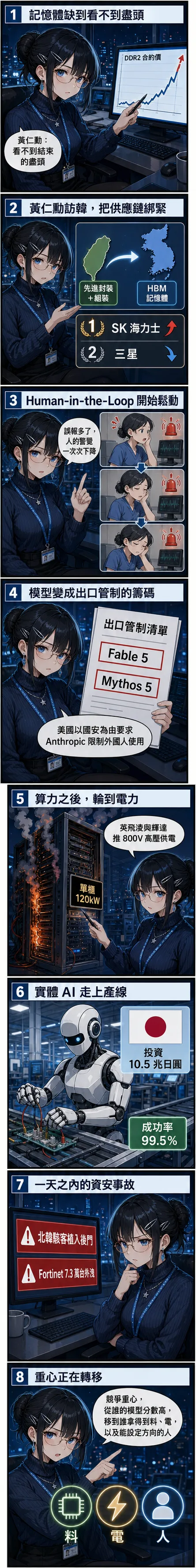 八格速報：記憶體缺到看不到盡頭、黃仁勳訪韓綁緊台韓供應鏈、Human-in-the-Loop 開始鬆動、模型變成出口管制籌碼、算力之後輪到電力、實體 AI 上產線、一天之內的資安事故、競爭重心轉向誰拿得到料電人